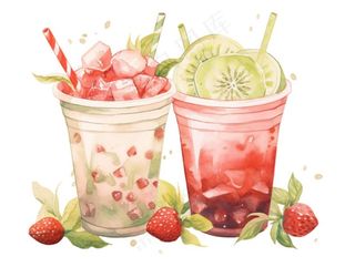 奶茶水果茶下午茶草莓石榴抹茶柠檬冰淇淋卡通插画免抠