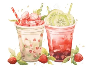 奶茶水果茶下午茶草莓石榴抹茶柠檬冰淇淋卡通插画免抠