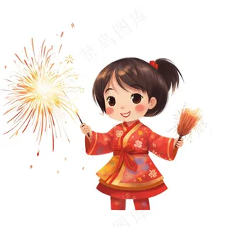 新年放烟花庆祝春节儿童开心过大年卡通插画免抠