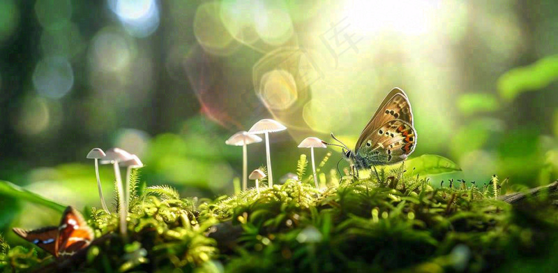 阳光斑驳下的蝴蝶苔藓蘑菇春天森林春分惊蛰摄影图(1568x768)