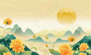 金秋菊花山水国潮插画中秋重阳立秋秋分插画背景