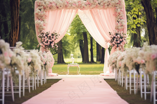 粉色婚礼布置现场户外婚礼森林摄影图