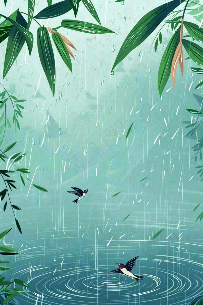 春天大雨磅礴绿叶植物燕子雨滴敲打水面雨水谷雨卡通插画背景(896x1344)