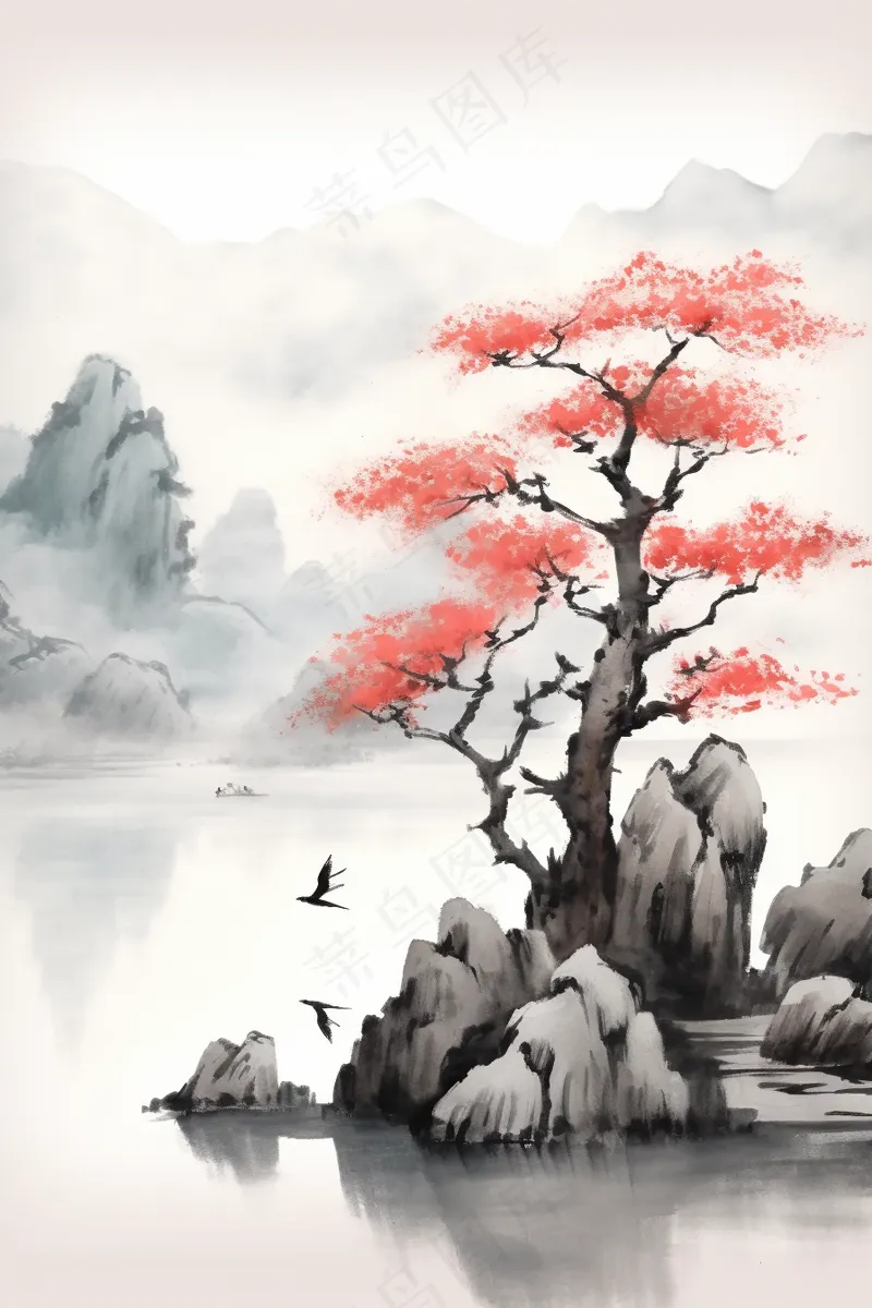 国风山水画河流花草国画水墨画素材背景(2688x4032)