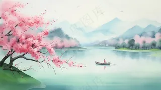春天山水画水墨画湖边桃花树盛开江南古风插画背景
