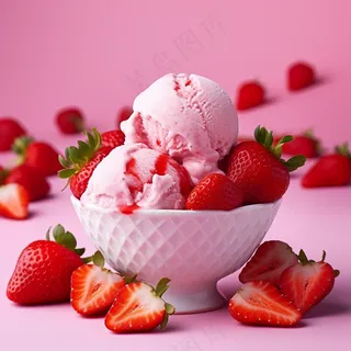 草莓冰淇淋球夏日清凉粉色背景摄影图