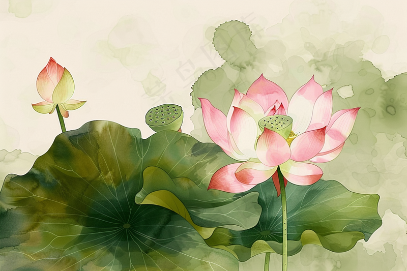 荷花荷叶水墨国画插画背景(4032x2688)