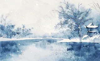 古风水墨中国风风景冬天凉亭雪花大寒小雪大雪插画背景