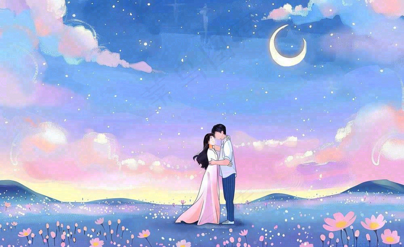 浪漫夜晚月光下花丛里的恋人情侣相拥梦幻场景七夕情人节卡通插画背景(1408x864)