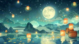 中秋河灯孔明灯中元节风景寒衣节黑夜中元节夜晚月亮唯美插画背景