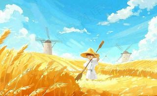 金秋秋天丰收麦田风车男孩人物小麦稻穗立秋秋分处暑芒种卡通插画背景