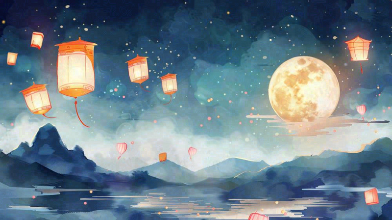 中秋河灯孔明灯中元节风景寒衣节黑夜中元节夜晚月亮唯美插画背景(1456x816)