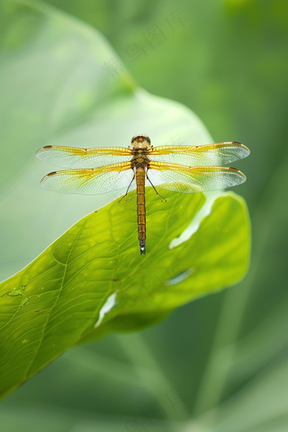 蜻蜓绿叶上停留的竹蜻蜓昆虫春天摄影图
