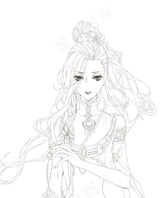 古风线稿丨PPT插画丨手绘线稿丨国风美女028ai矢量模版下载