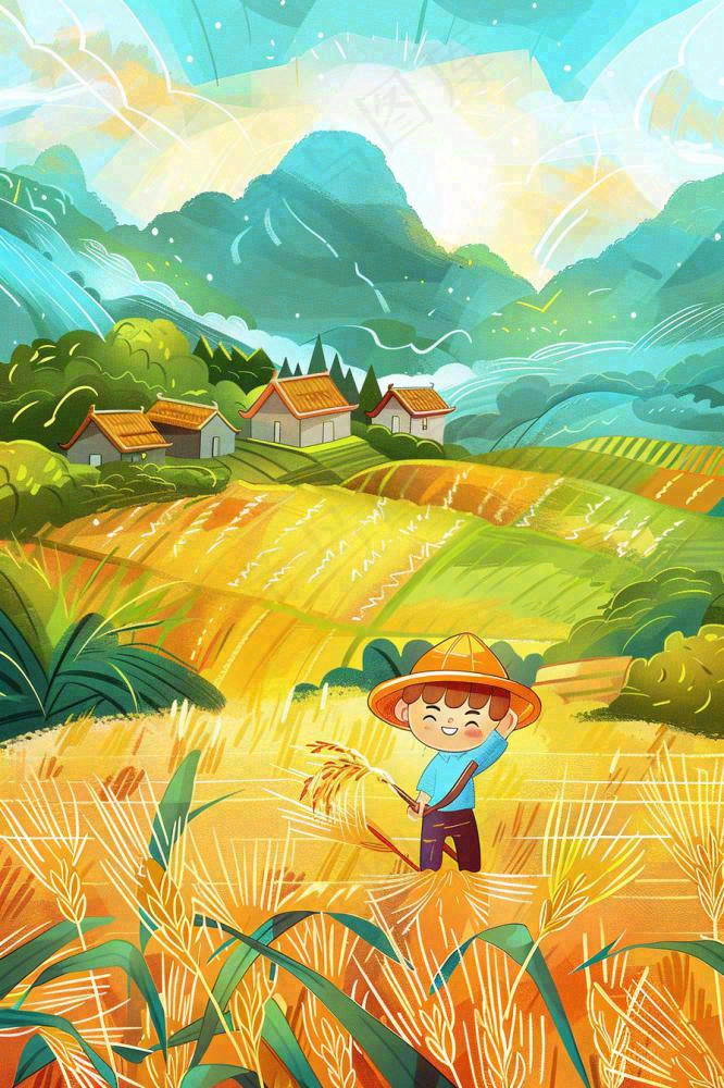秋天农田丰收山村村庄稻草人水稻小麦立秋秋分芒种卡通插画背景(896x1344)