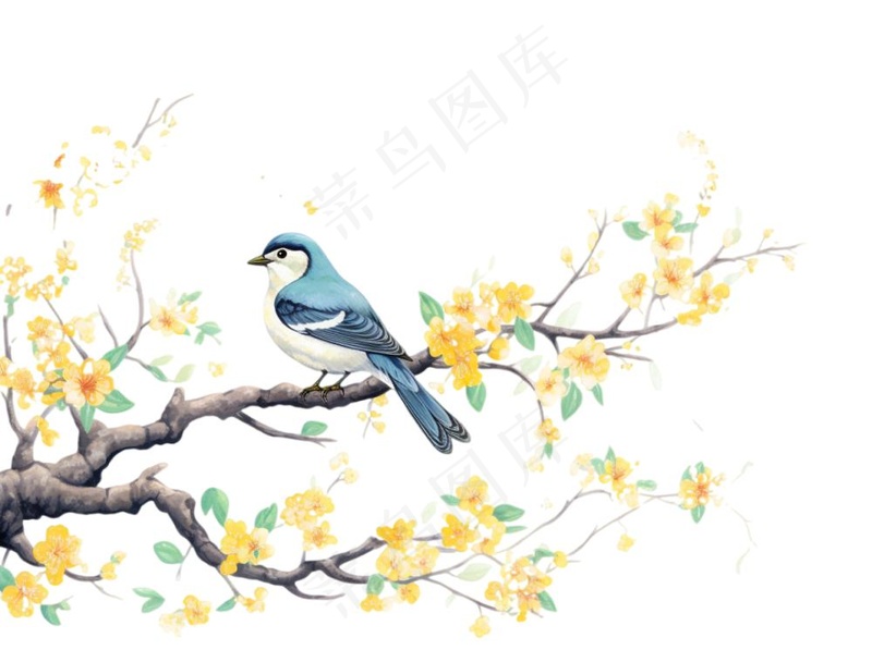 站在树上的鸟黄花卡通插画免抠(1264x944)