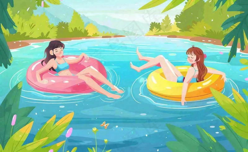 夏天游泳泳池人物游泳女孩蓝色背景泳圈夏日运动立夏大暑小暑夏至卡通插画背景(1408x864)