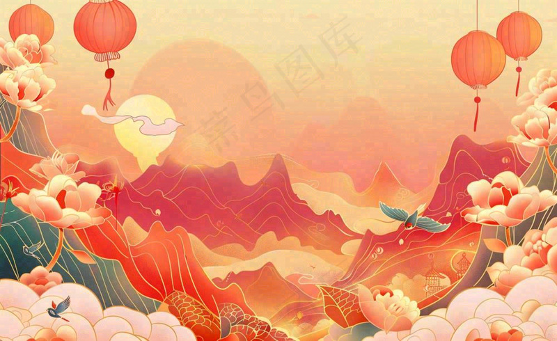 国潮风中秋重阳国庆祖国山河插画喜庆庆祝山水画背景(1408x864)