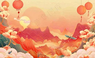 国潮风中秋重阳国庆祖国山河插画喜庆庆祝山水画背景