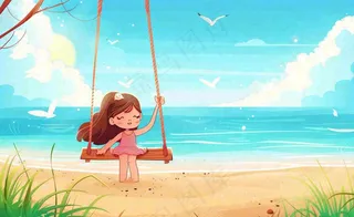 夏天海边风景大海沙滩蓝天白云立夏夏至大暑小暑唯美插画背景