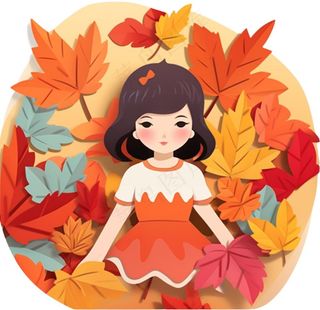 秋天躺着落叶上的女孩儿童树叶卡通插画免抠