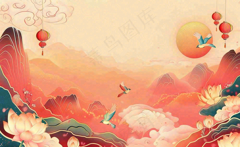 国潮风中秋重阳国庆祖国山河插画喜庆庆祝山水画背景(1408x864)