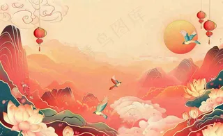 国潮风中秋重阳国庆祖国山河插画喜庆庆祝山水画背景