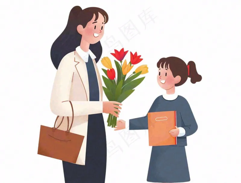 女孩给妈妈送花教师节母亲节卡通插画免抠(1264x960)