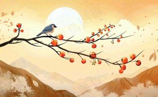 秋天柿子树枝条的小鸟夕阳西下日出金秋秋分立秋重阳插画背景
