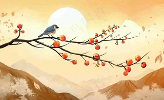 秋天柿子树枝条的小鸟夕阳西下日出金秋秋分立秋重阳插画背景