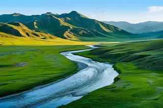 高山草原山涧河流湿地摄影图