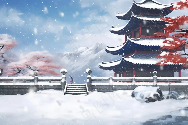 传统建筑雪景浪漫背景(1344x896)