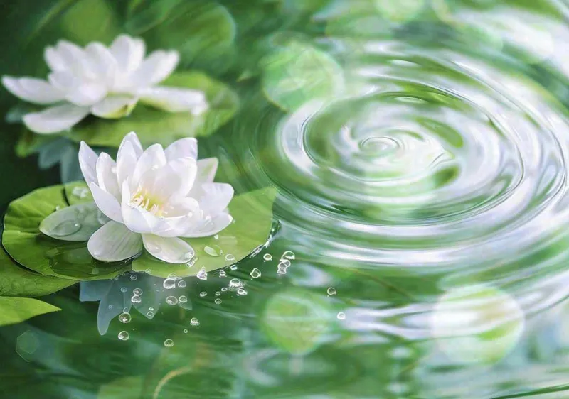 春夏睡莲荷叶清澈透明的水面泛起涟漪立夏夏至摄影图(1296x912)