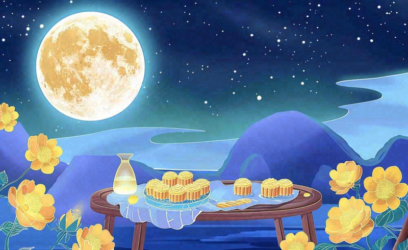 中秋夜晚赏月月饼饮茶黄花菊花桂花国风插画背景(1408x864)