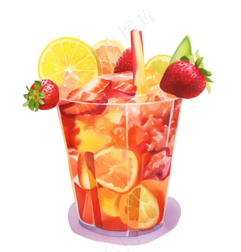 水果茶饮料草莓菠萝橙子柠檬水彩画手绘卡通插画免抠(1024x1072)