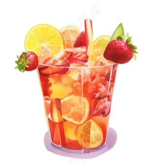 水果茶饮料草莓菠萝橙子柠檬水彩画手绘卡通插画免抠