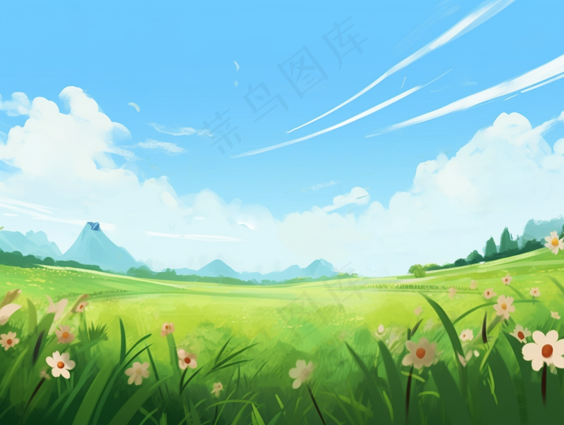 春天草坪草原绿叶花丛蓝天白云卡通插画背景(3696x2784)