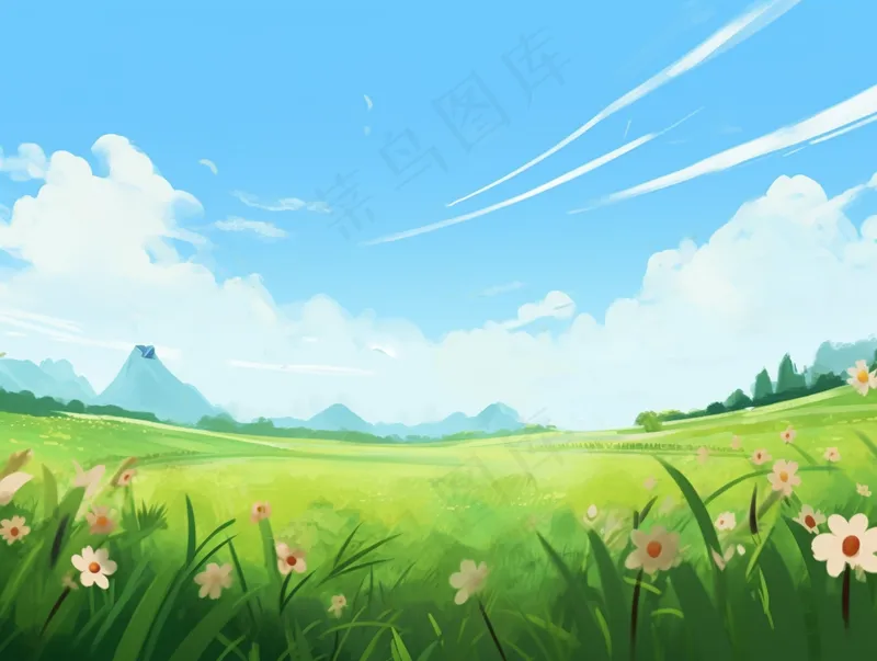 春天草坪草原绿叶花丛蓝天白云卡通插画背景(3696x2784)