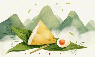 端午佳节粽子绿色青山国风插画水彩绘画背景