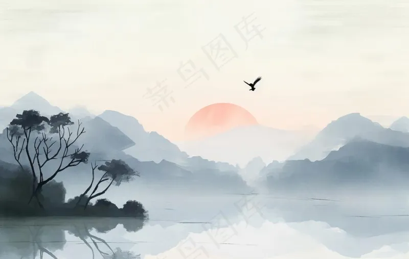 山水水墨画云层山峰中国风插画背景(1360x864)