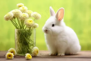 可爱小白兔花瓶绿色背景摄影图