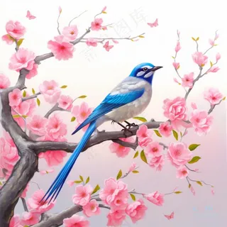 桃花樱花树枝上的蓝色小鸟插画背景