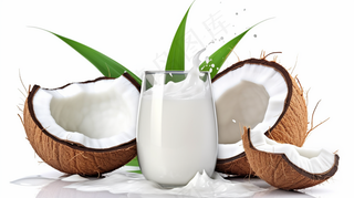 白色新鲜椰奶与椰子摄影图