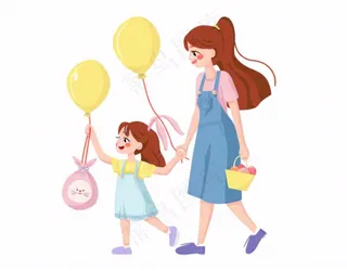 妈妈牵着小孩儿童乐园气球游玩卡通插画免抠