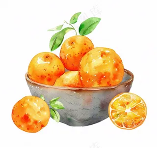 橘子一碗橙子水果水彩画免抠