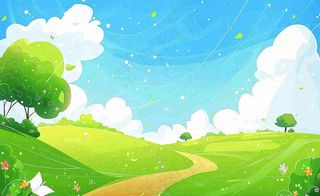 春日风景草地蓝天白云背景立春春分节气绿色卡通插画背景