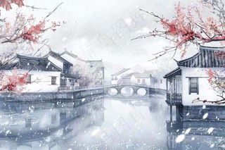 中国水墨画江南水乡梅花古风冬天大雪纷飞小雪大雪冬至插画背景