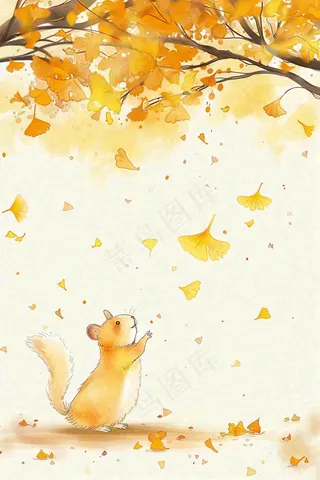 秋天银杏树下的松树秋意金黄色立秋秋分白露唯美插画背景