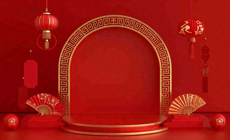 红金创意拱门喜庆新年扇子灯笼C4D展台背景春节背景