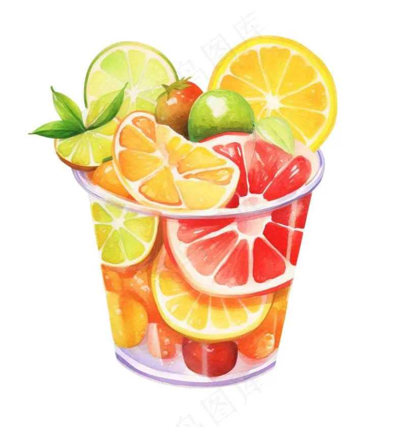 水果茶饮料草莓菠萝橙子柠檬水彩画手绘卡通插画免抠(1024x1072)